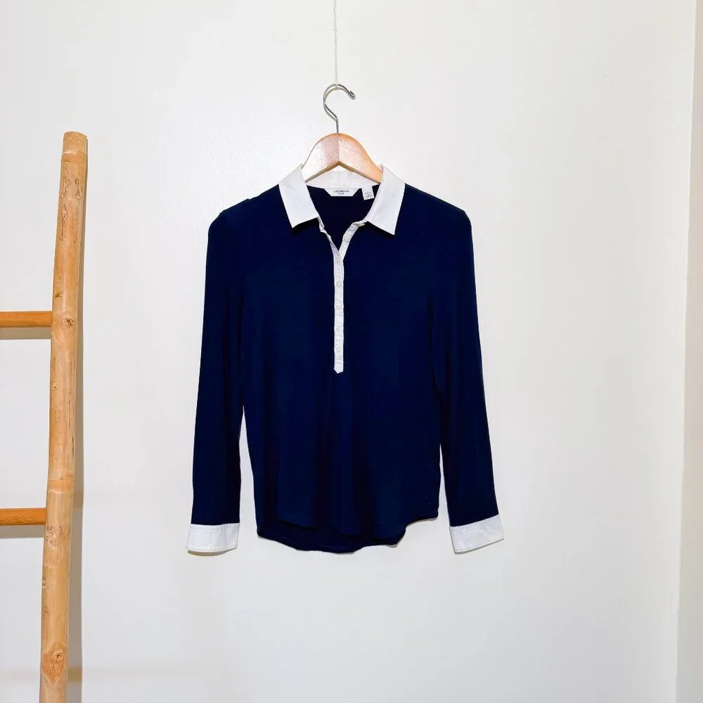 Liz Clairborne Navy Nautical Long Sleeve Button Up Blouse Top Petite Medium - Picture 7 of 7